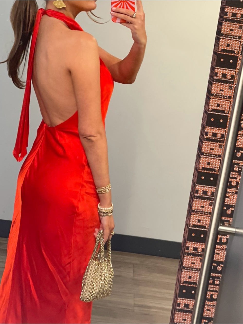 Red Halter Backless Satin Dress - Women